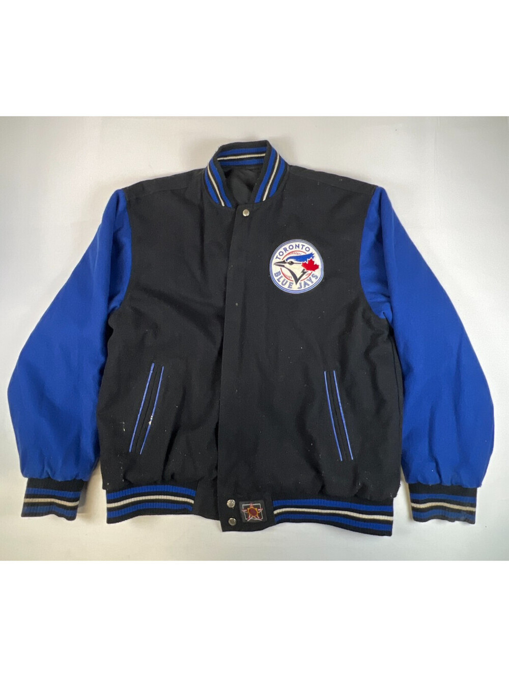 Vintage JH Design Toronto Blue Jays Varsity Jacket Black Royal Blue XL Damaged